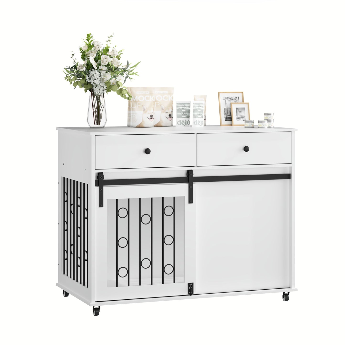 Dog Crate Furniture With Double Drawers And Sliding Barn Door, Pet Kennel For Small To Medium Dogs - White