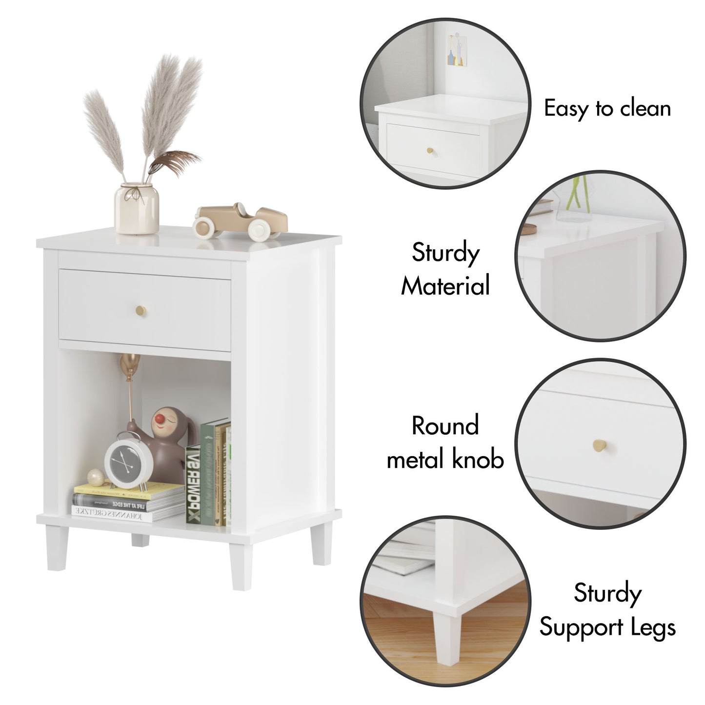 Nightstand & 1 Drawer And 1 Shelf - White