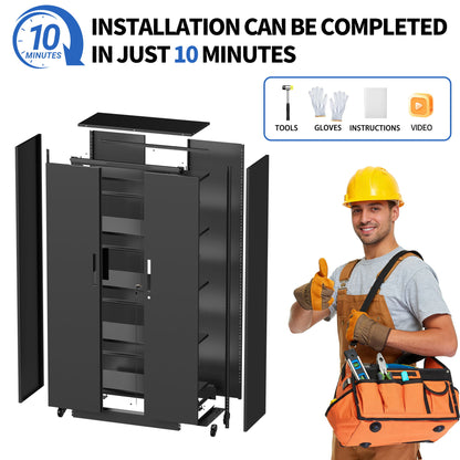 Storage Cabinet With Wheels And Lock, 4 Adjustable Shelves, 3 Point Locking Security, For Tool Organization In Garage - Black