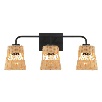 Moonlit - 3 Lights Wall Sconce With Shade, Bathroom Lighting Fixtures Over Mirror - Black / Rattan