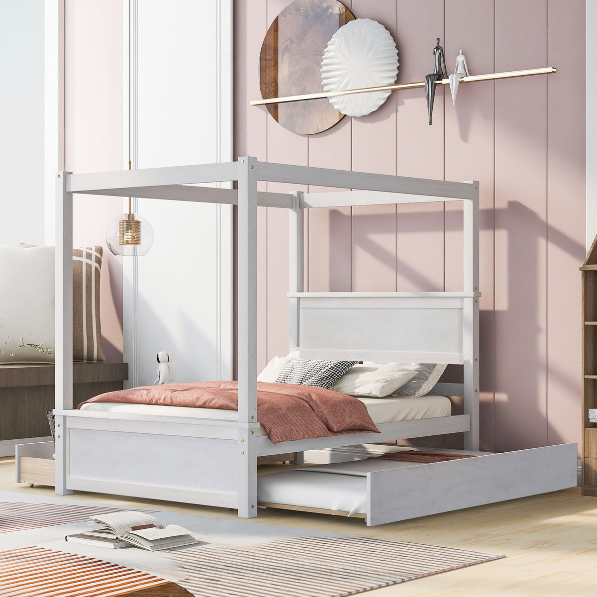 Canopy Platform Bed With Drawers, Support Slats, No Box Spring Needed