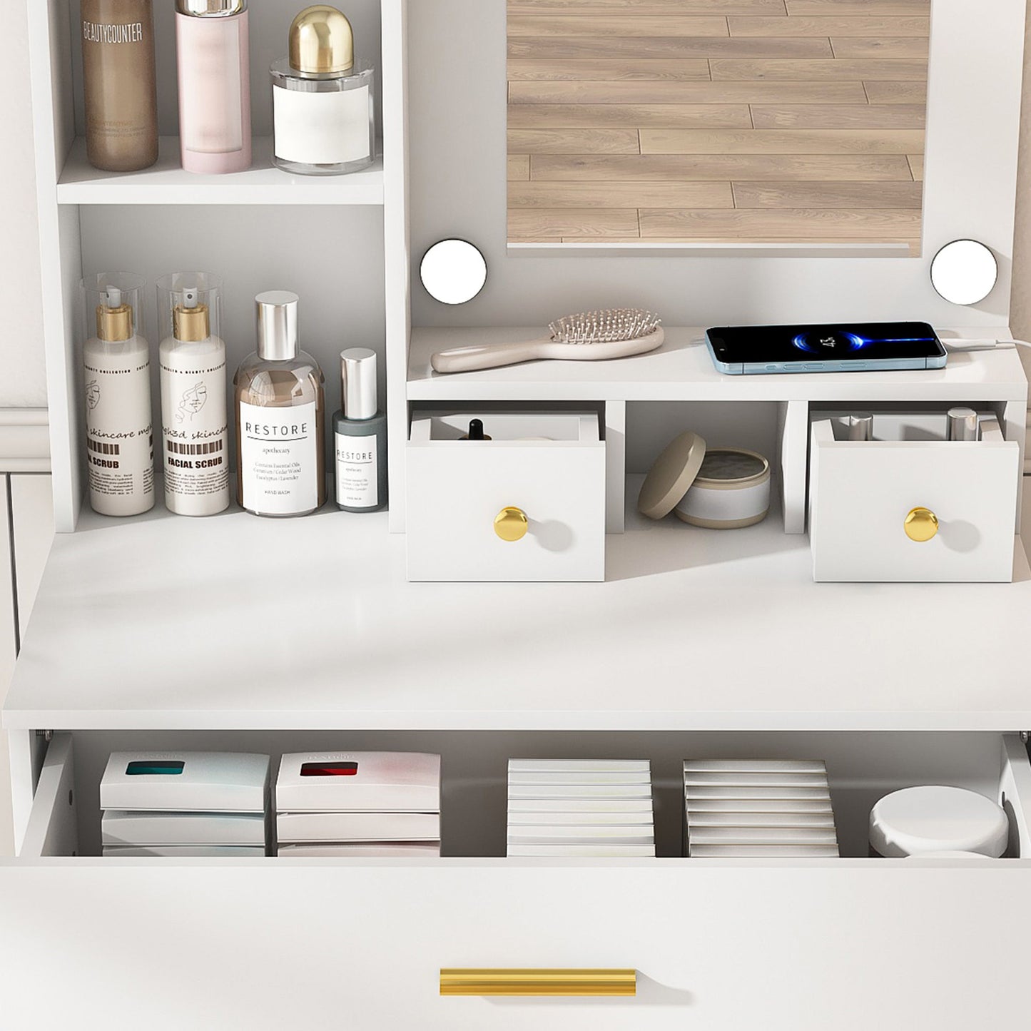 Vanity Table With Mirror, Adjustable LED Lights, Power Outlet, Hairdryer Holder & Stool