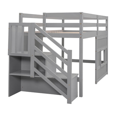 Loft Bed With Storage Staircase, Window & LED Light