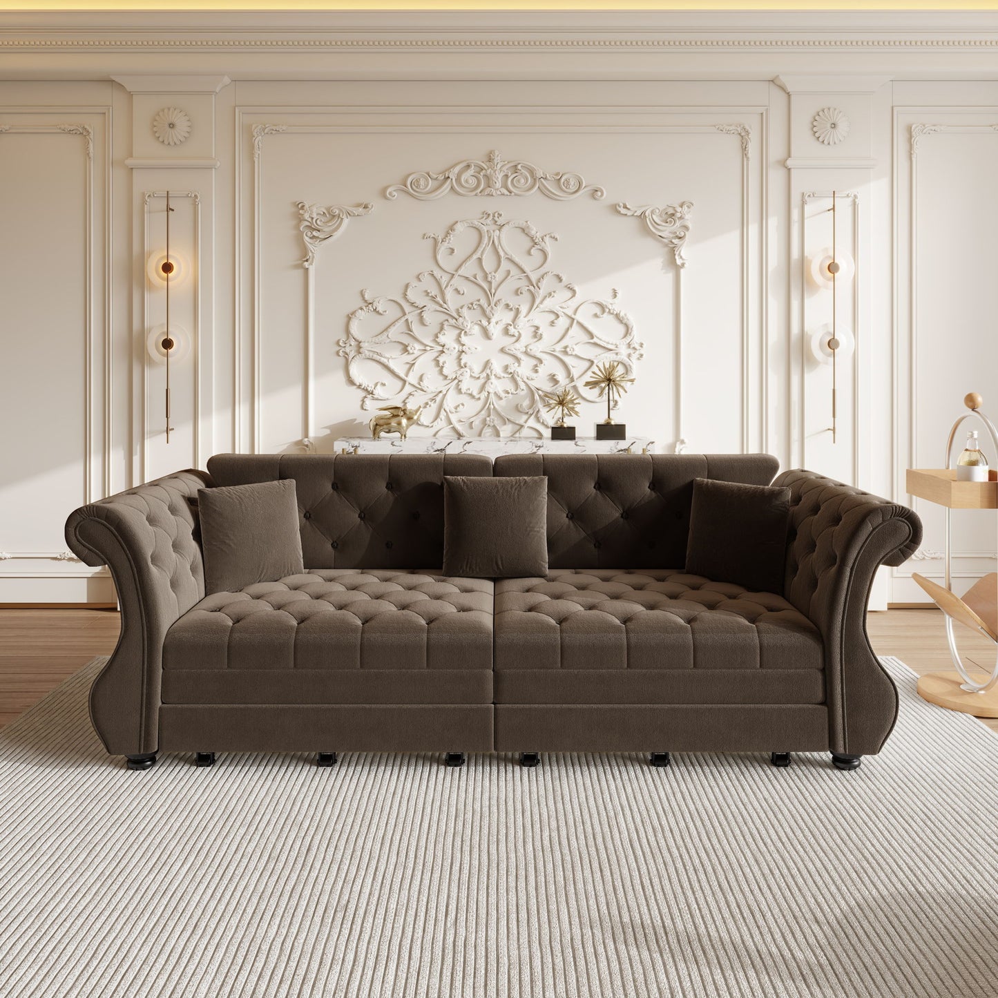 Oversized Chesterfield Pull Out Sofa Bed, Roll Arm Couch With Flower Tufting For Living Room