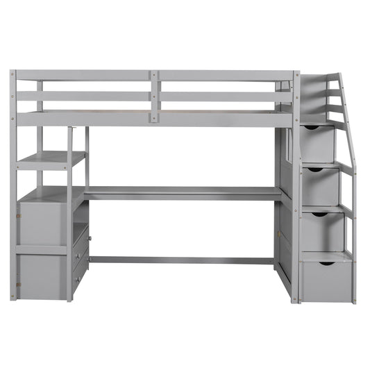 Loft Bed With Desk, Shelves, 2 Drawers, Storage Staircase
