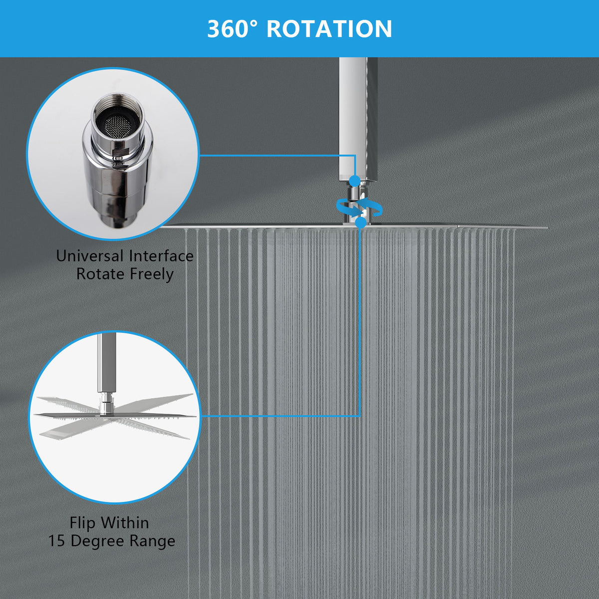 16" Square Rainfall Shower Head Fixed Wall Mount With Full Body Coverage & Self Cleaning Silicone Nozzles