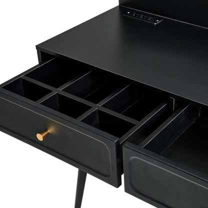 Modern Makeup Vanity Desk With Mirror And Lights Retractable Design Engineered Wood - Black