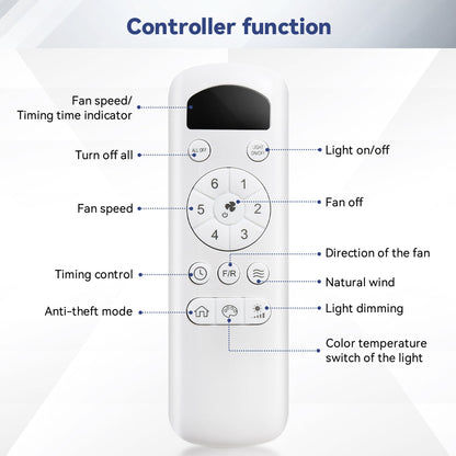 Ceiling Fan With 3 Blades, Remote Control Reversible DC Motor, Dimmable Light, And 1H / 4H / 8H Timer - Black