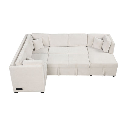 U-Shaped Sectional Sofa Pull Out Sofa Bed With Two USB Ports, Two Power Sockets, Three Back Pillows And A Storage Chaise For Living Room