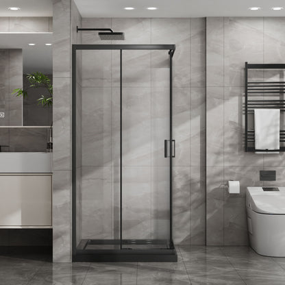 Corner Shower Enclosure, Double Sliding Door With Shower Base - Matte Black