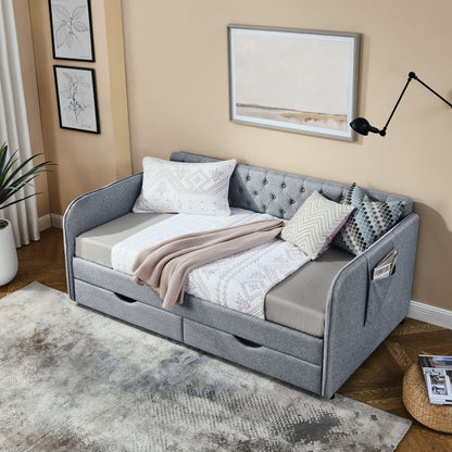 Daybed With Trundle And Storage Drawers, Flat Arms With Pocket