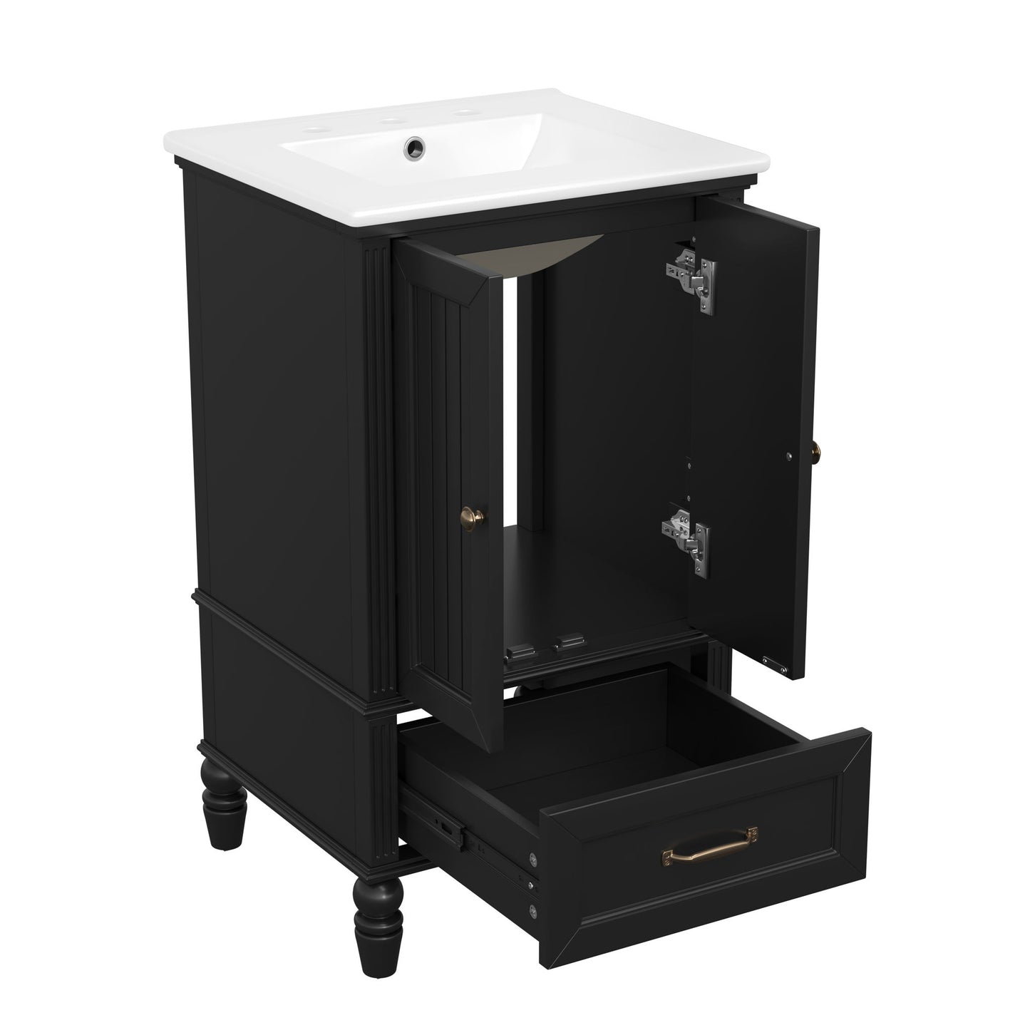 20" Bathroom Vanity With Sink Cabinet With 2 Doors, 2 Drawer, Magnetic Door Stopper, Adjustable Feet, Drop In Sink - Black