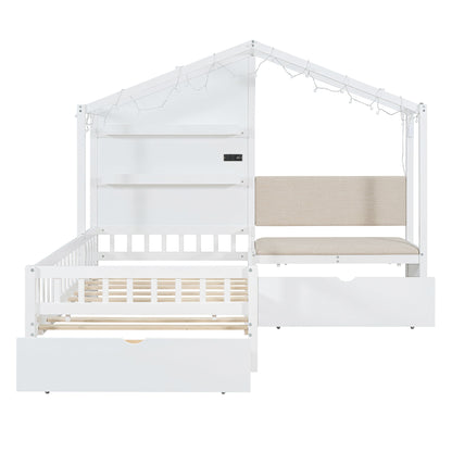 House Bed With Upholstered Sofa, Wireless Charging Station, Shelves And 2 Drawers