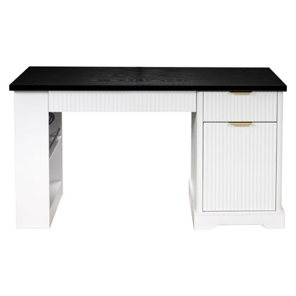 Modern Fluted Office Desk With Storage Cabinet