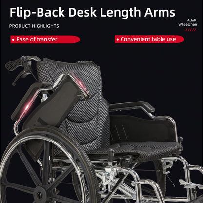 Lightweight Wheelchair Foldable For Adults, Manual Transport Chair With Double Brakes