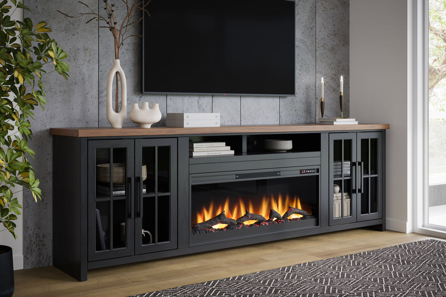 Fireplace TV Stand Console For TVs Up To 100" - Black / Whiskey