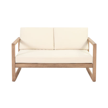 4 Pieces Acacia Wood Patio Furniture Set, Outdoor Furniture With Coffee Table, Patio Conversation Set Deep Seating With Soft Cushion, Porch Chairs For Backyard Porch Balcony - Brown Wash / Beige