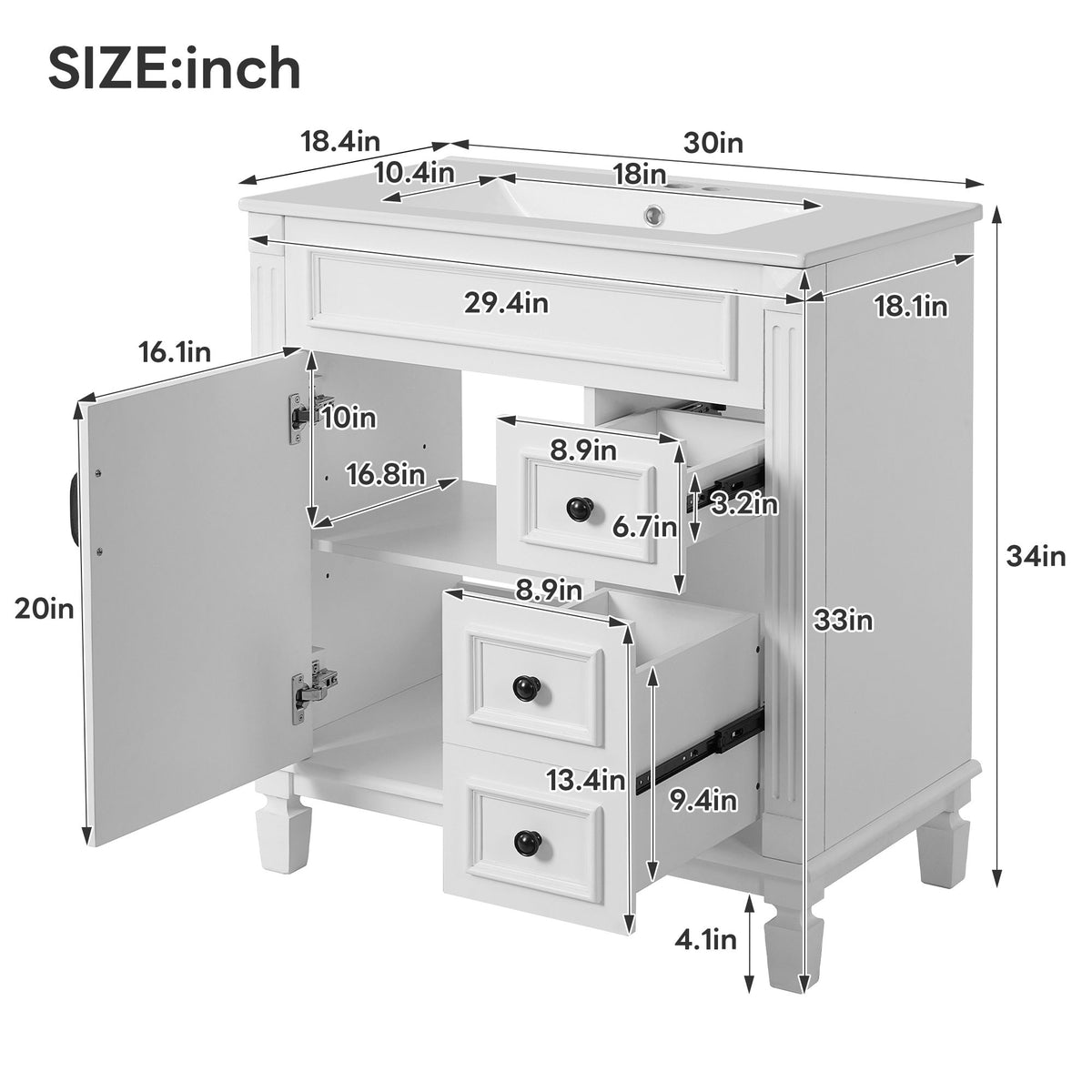 Bathroom Vanity With Sink, Cabinet With 2 Drawers And Adjustable Shelf