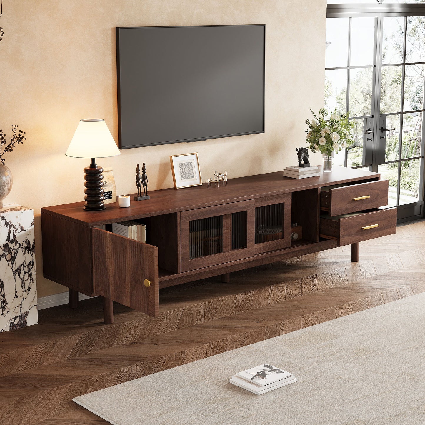 TV Stand With Sliding Doors And 2 Drawers For Living Room - Dark Brown
