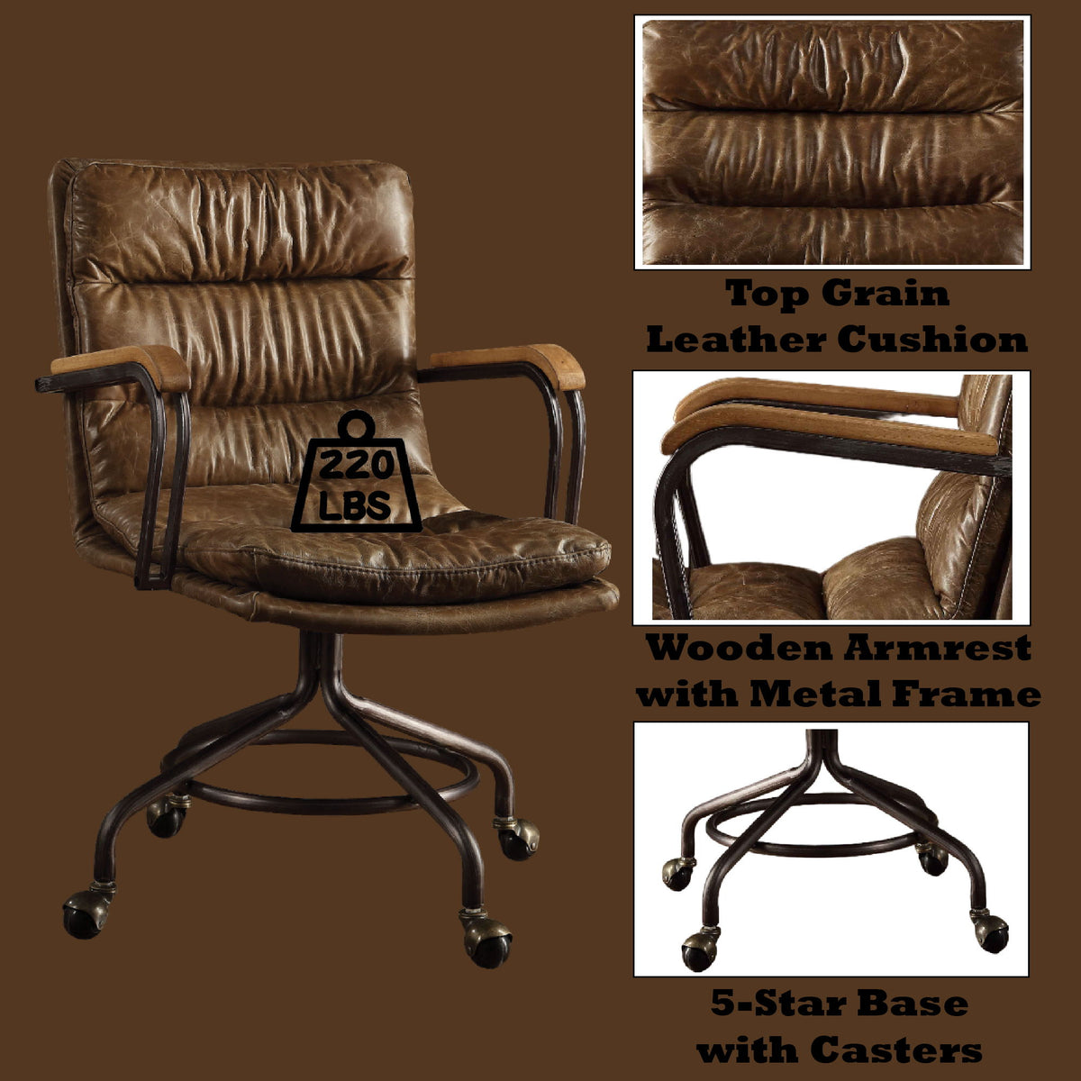 Harith - Vintage Top Grain Leather Office Chair - Brown