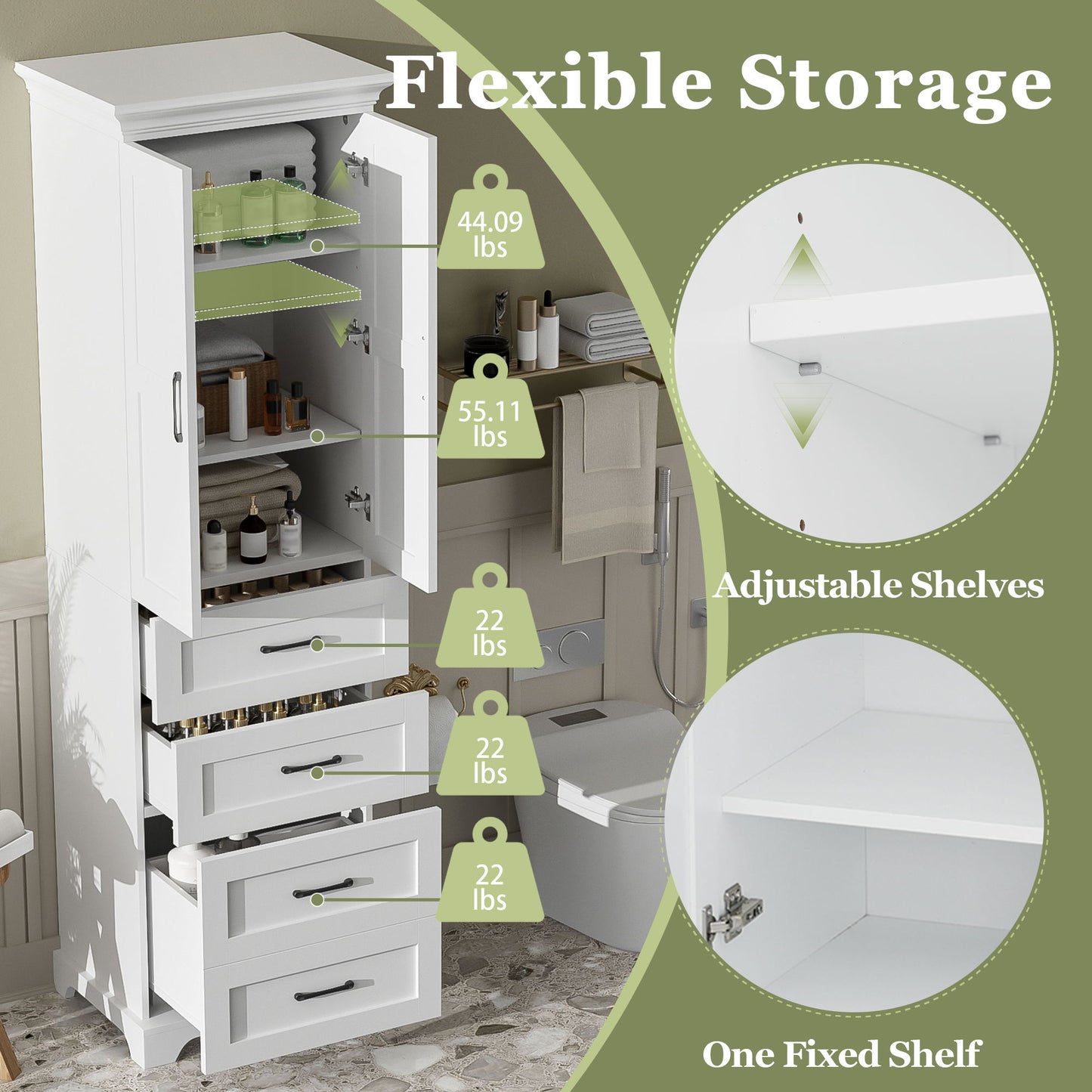 Bathroom Vanity With 2 Damping Hinge Doors, 3 Drawers, Adjustable Shelves - White