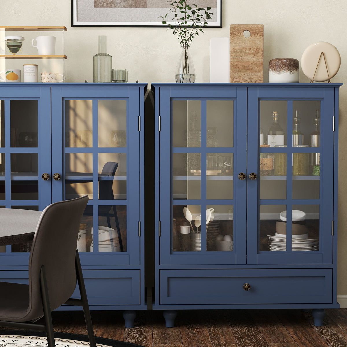 Minimalist Buffet Cabinet With Double Glass Doors And Drawer