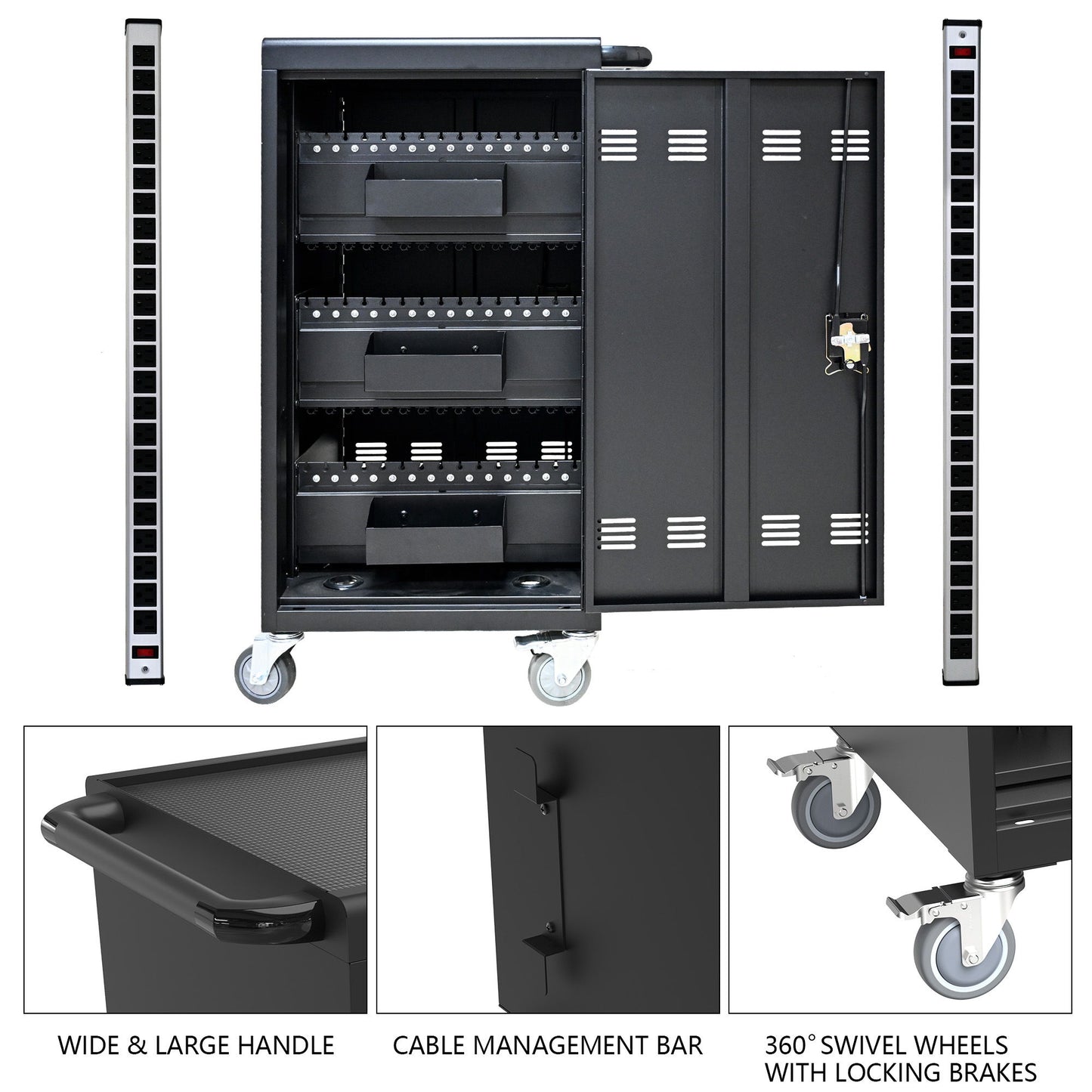 45 Bay Mobile School Charging Cart Station For Chromebook, Tablet And Laptop Computer With Power Strip Included - Black