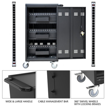 45 Bay Mobile School Charging Cart Station For Chromebook, Tablet And Laptop Computer With Power Strip Included - Black