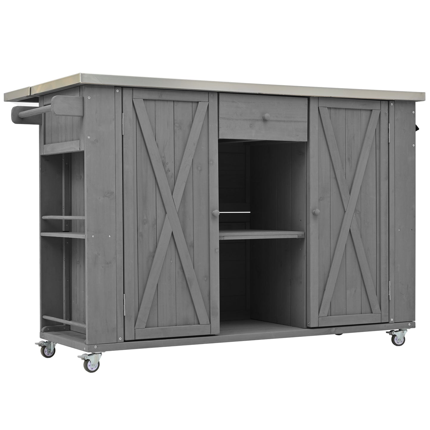 Outdoor Kitchen Island With Stainless Steel Top, Ample Storage Space, Towel And Spice Racks And A Bottle Opener