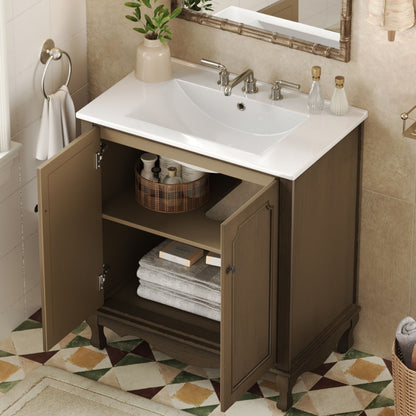 Vintage Bathroom Vanity With Ceramic Sink, Adjustable Shelves