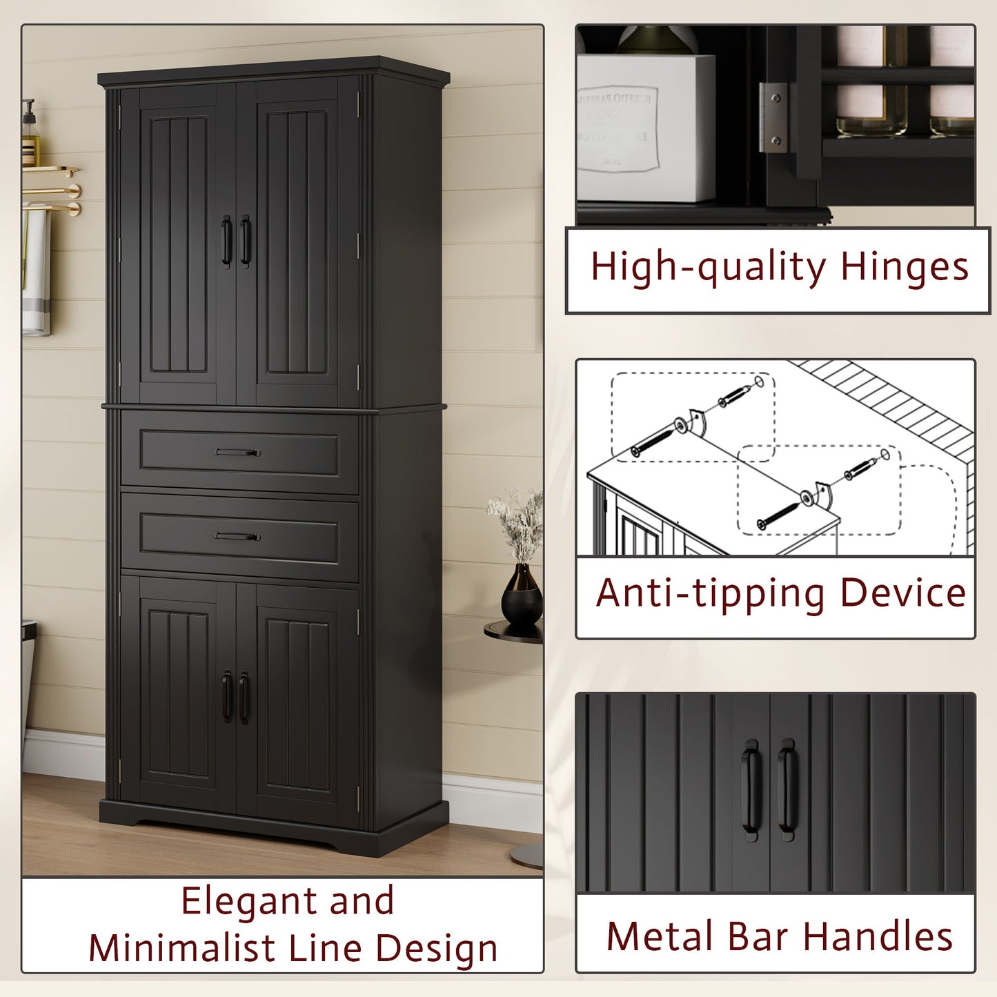 Multi Functional Storage Cabinet With Adjustable Shelves, 2 Drawers, Door Shelves