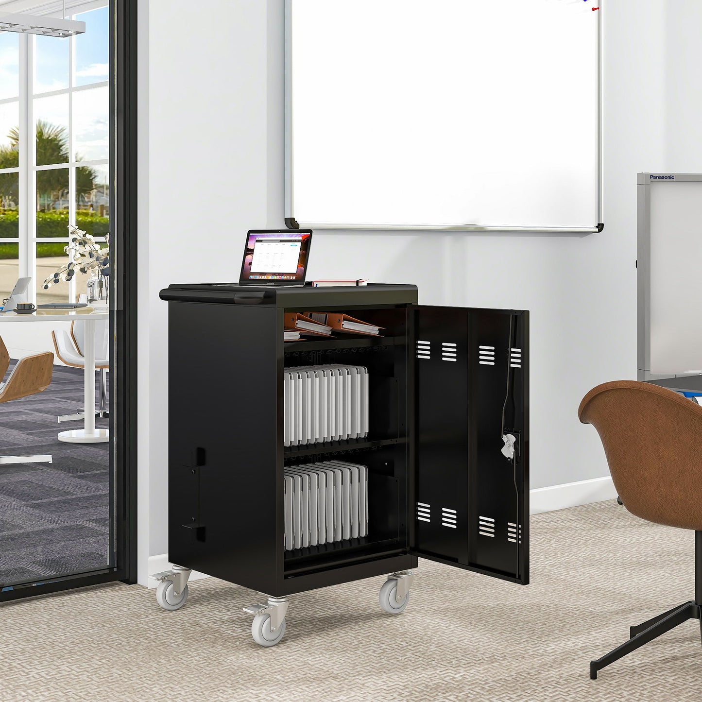 Mobile Charging Cart And Cabinet For Tablets Laptops 32-Device - Matt Black