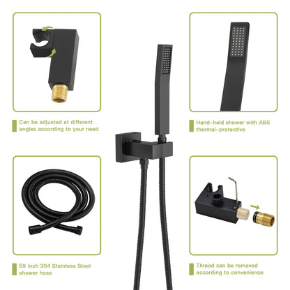 Wall Mounted Square Shower System With Rainfall Tub Spout And Handheld Shower, 10" - Matte Black