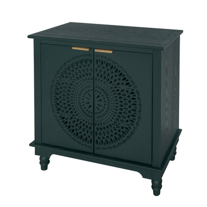 Hollow Carved 2 Door Accent Cabinet With Adjustable Shelf, Sideboard Buffet For Entryway, Living Room Or Bedroom - Blackish Green