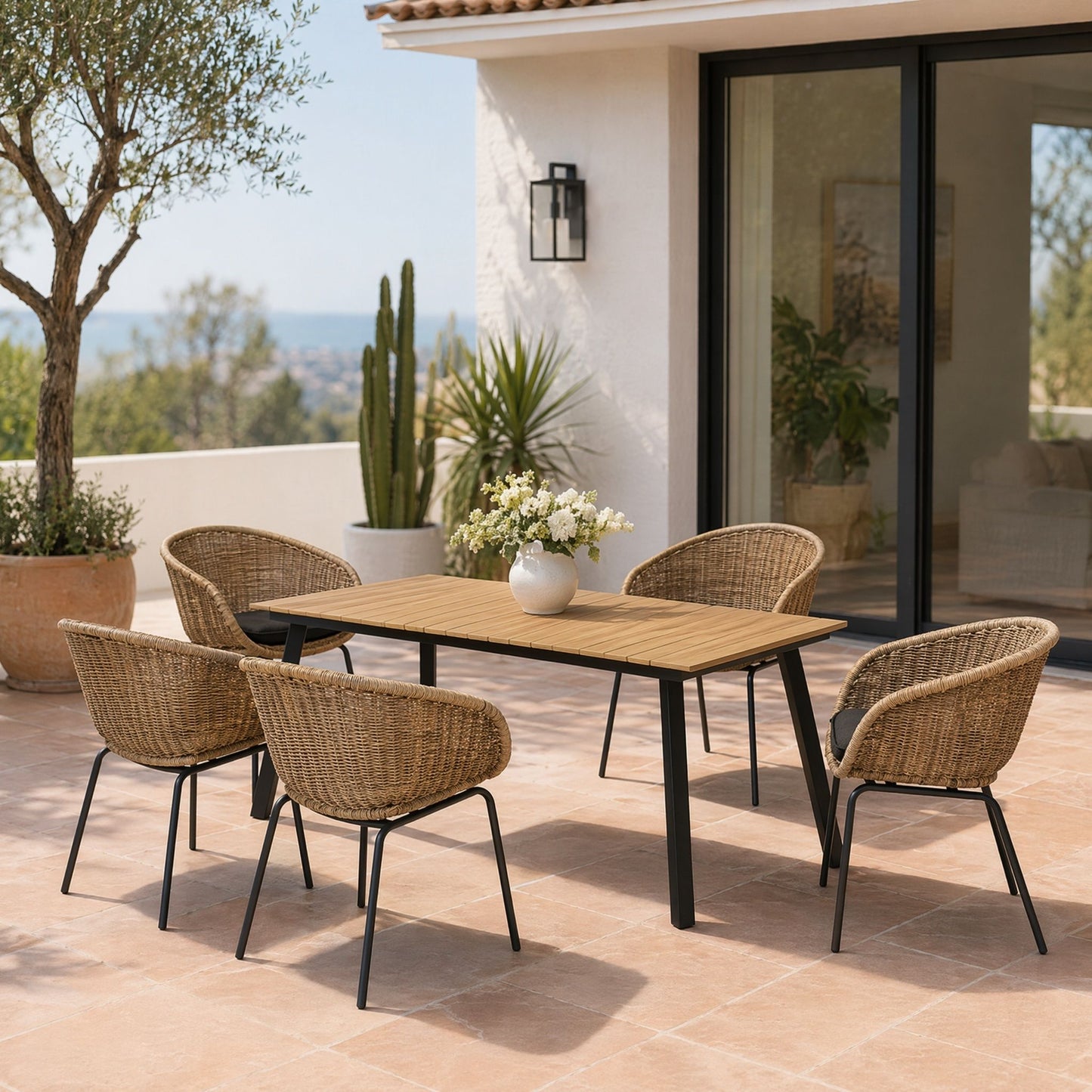 7 Piece Outdoor Patio Dining Set For 6, Conversation Set With Table & 6 Armchairs - Purple Pink Flower / Yellow