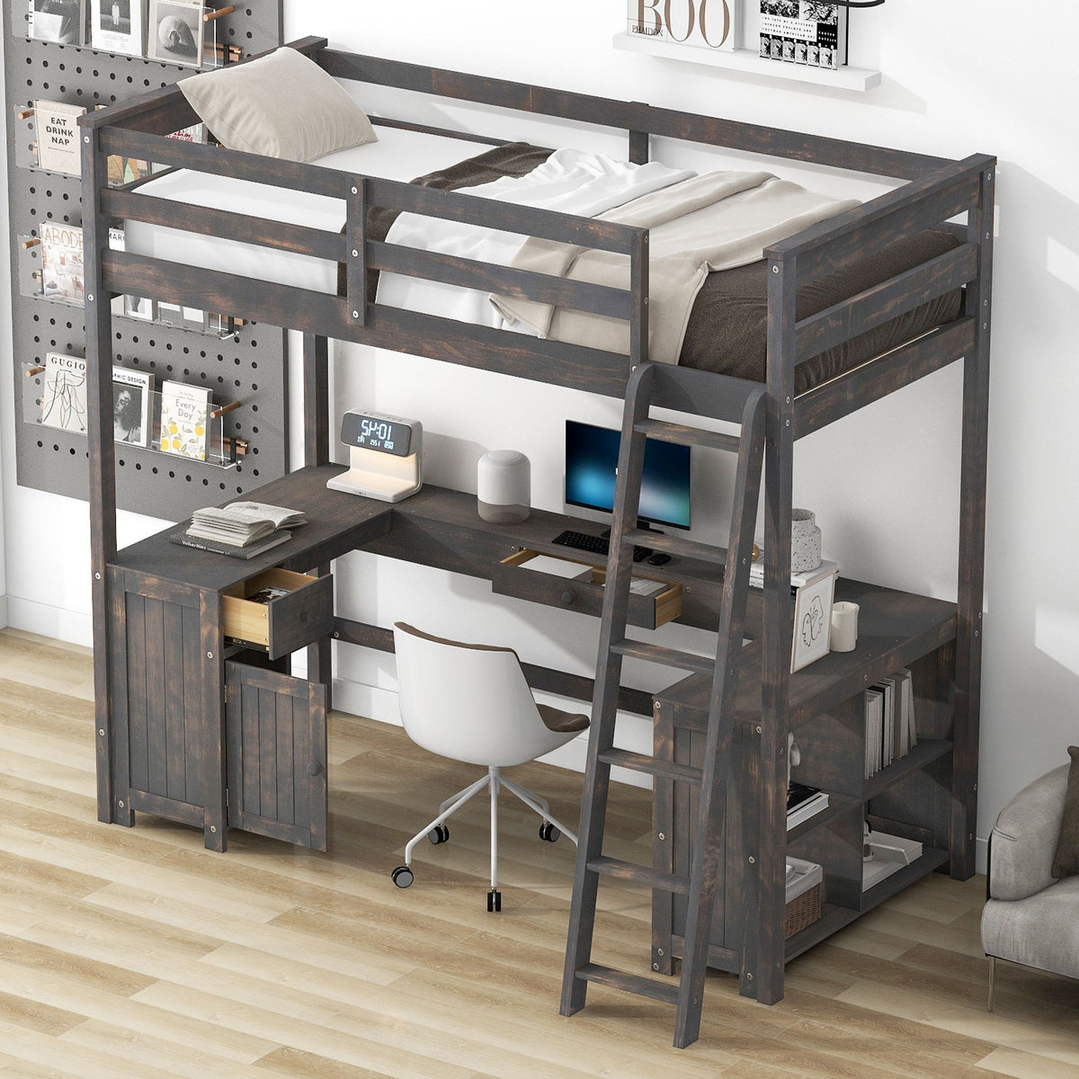 Loft Bed With U-Shaped Desk, Drawers, And Storage Shelves