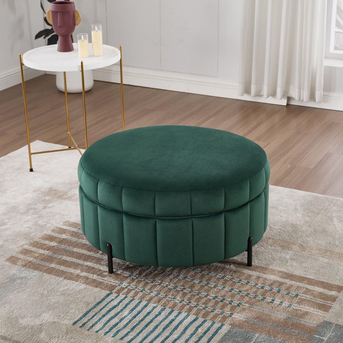 Upholstered Round Ottoman With Reversible Lid, Channel Tufted Pumpkin Shape