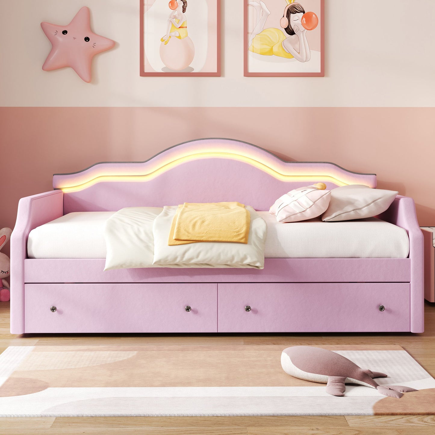 Upholstered Daybed With LED Lights And 2 Drawersme