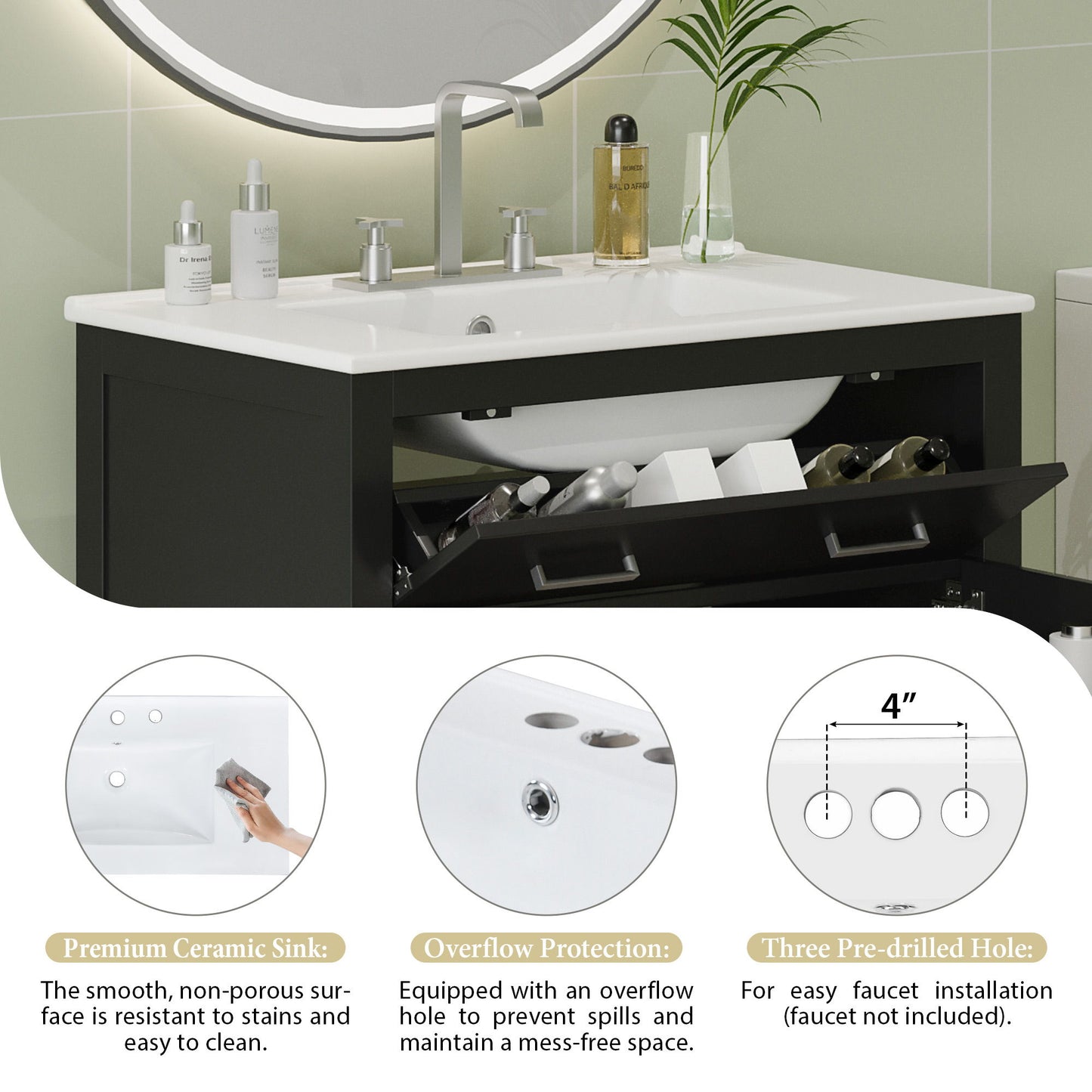 Bathroom Vanity With Ceramic Sink, Modern Single Bathroom Cabinet With 2 Doors And A Shelf, Soft Close Doors