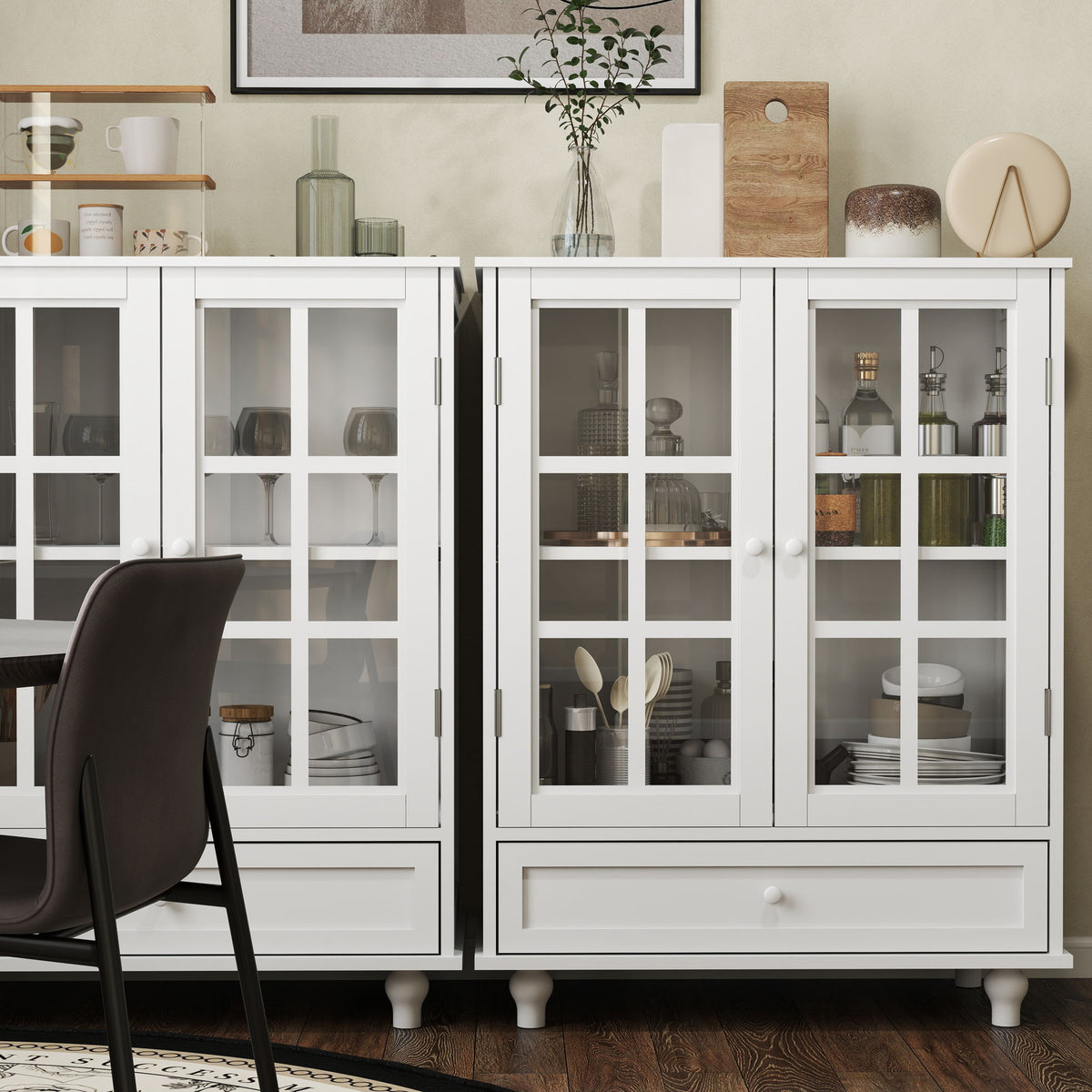 Minimalist Buffet Cabinet With Double Glass Doors And Drawer