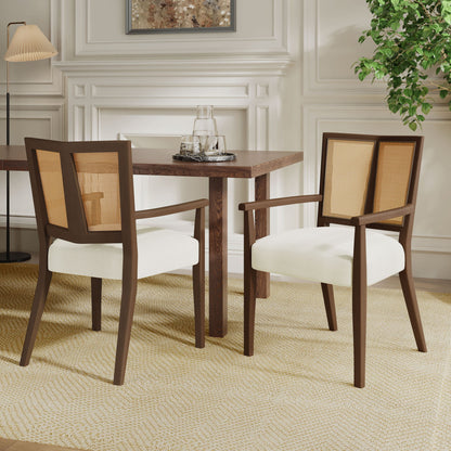 Mid Century Modern Arm Dining Chairs With Rattan Backrest