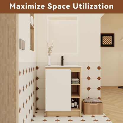 Freestanding Bathroom Vanity With Thin Rim Sink, Single Door With 4 Tier Open Shelves - Light Oak / White