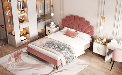 Upholstered Platform Bed With Flower Pattern Headboard