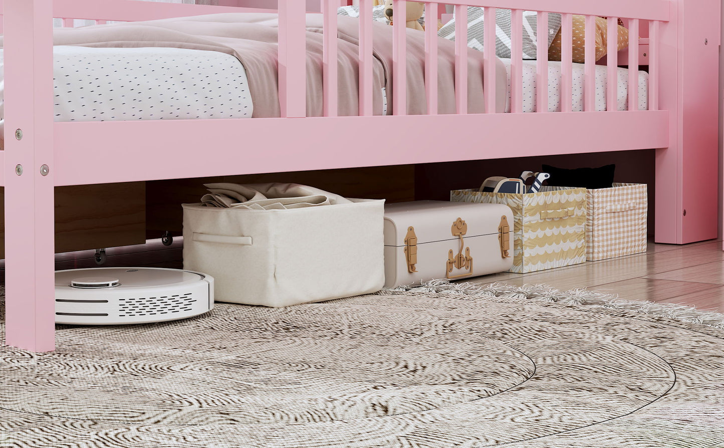 Bed With Headboard Storage Rack, 2 Under Bed Drawers, 3 Side Guardrails For Safety