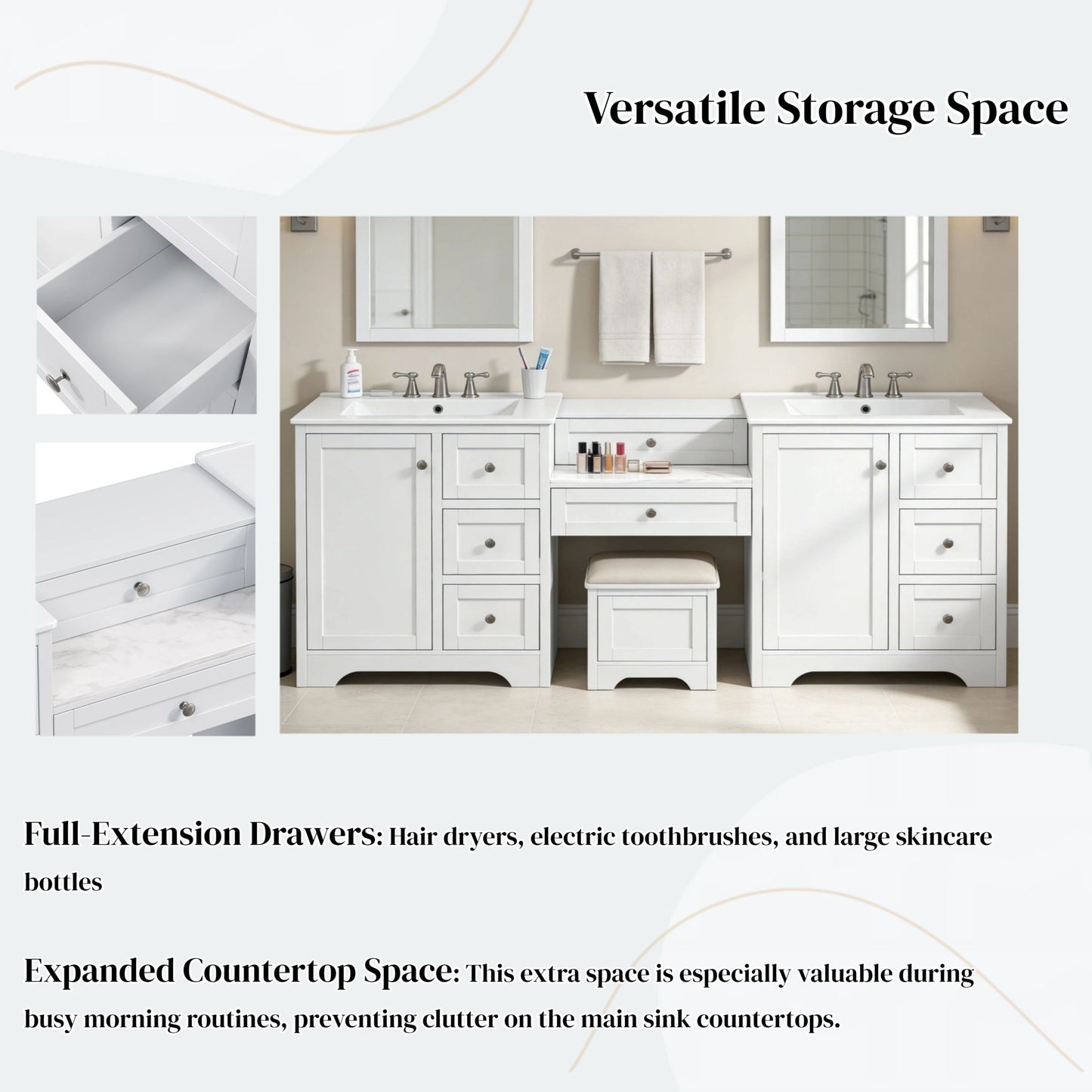 Double Sink Bathroom Vanity With Countertop, 2 Ceramic Sinks, 6 Drawers, Soft Close Design
