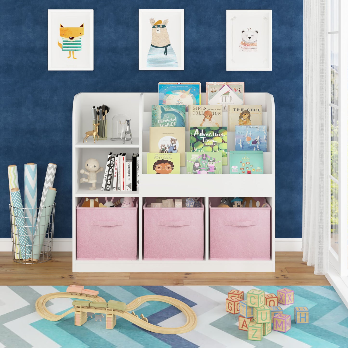 Bookcase And Bookshelf With 3 Collapsible Drawers, Multifunctional Display Stand