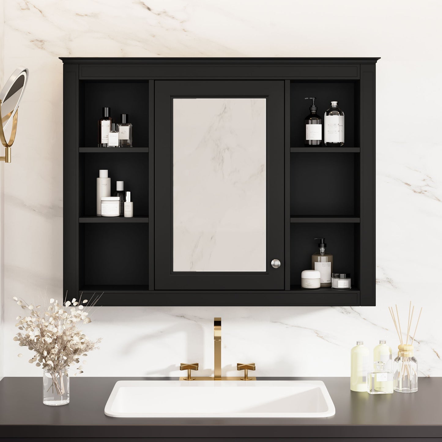 Wall Mounted Medicine Cabinet With Mirror, Storage Cabinet Featuring 6 Open Shelves And Adjustable Interior