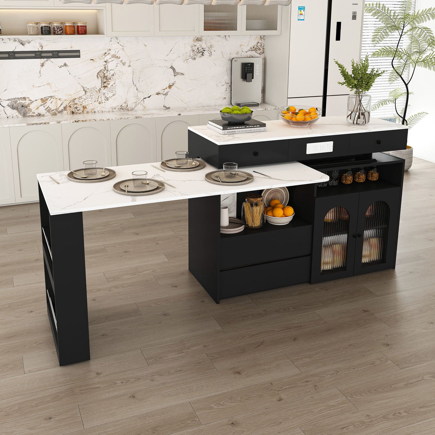 Retro Kitchen Island Set With Chairs, Extendable & Rotating Table, 4 Drawers & Door Cabinets