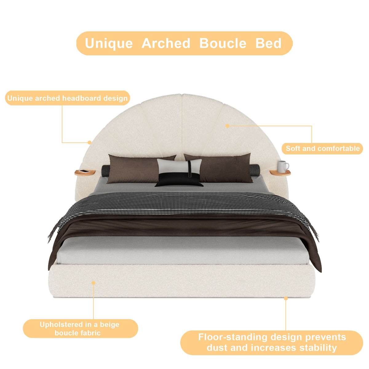 Queen Arched Bed With Small Table, Floor Standing Design - Beige