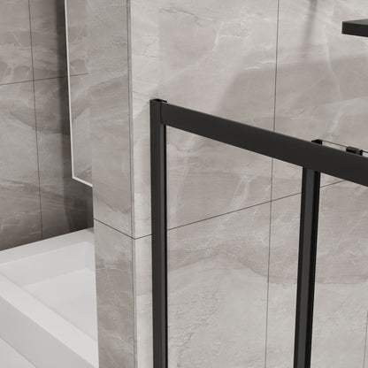 Corner Shower Enclosure, Double Sliding Door & Shower Base - Matte Black